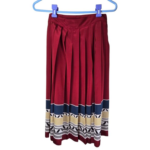 VTG Liz Claiborne Pleated Midi Skirt Button Side Geometric Print Red/Blue/Tan - Picture 3 of 7